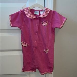 VINTAGE Gingham Pink Baby Bubble Romper with Watermelon Embroidered Patches